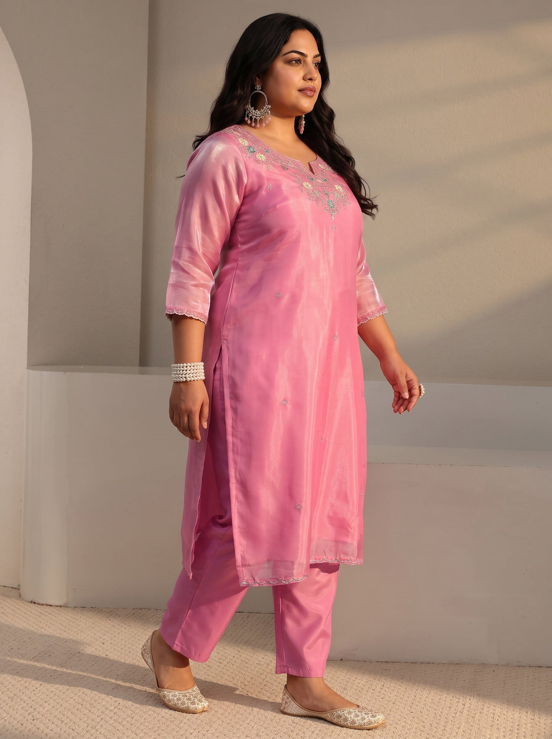 Plus Size Pink Floral Embroidered Tissue Straight Suit Set With Dupatta