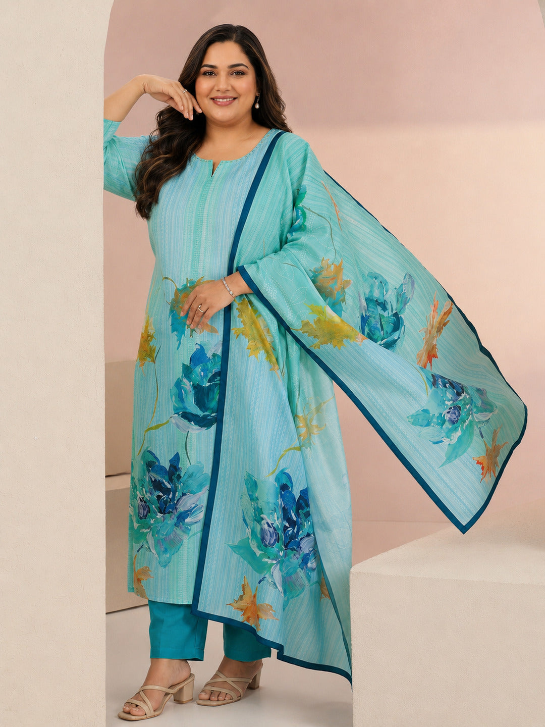 Plus Size Blue Floral Printed Cotton Blend Straight Suit Set