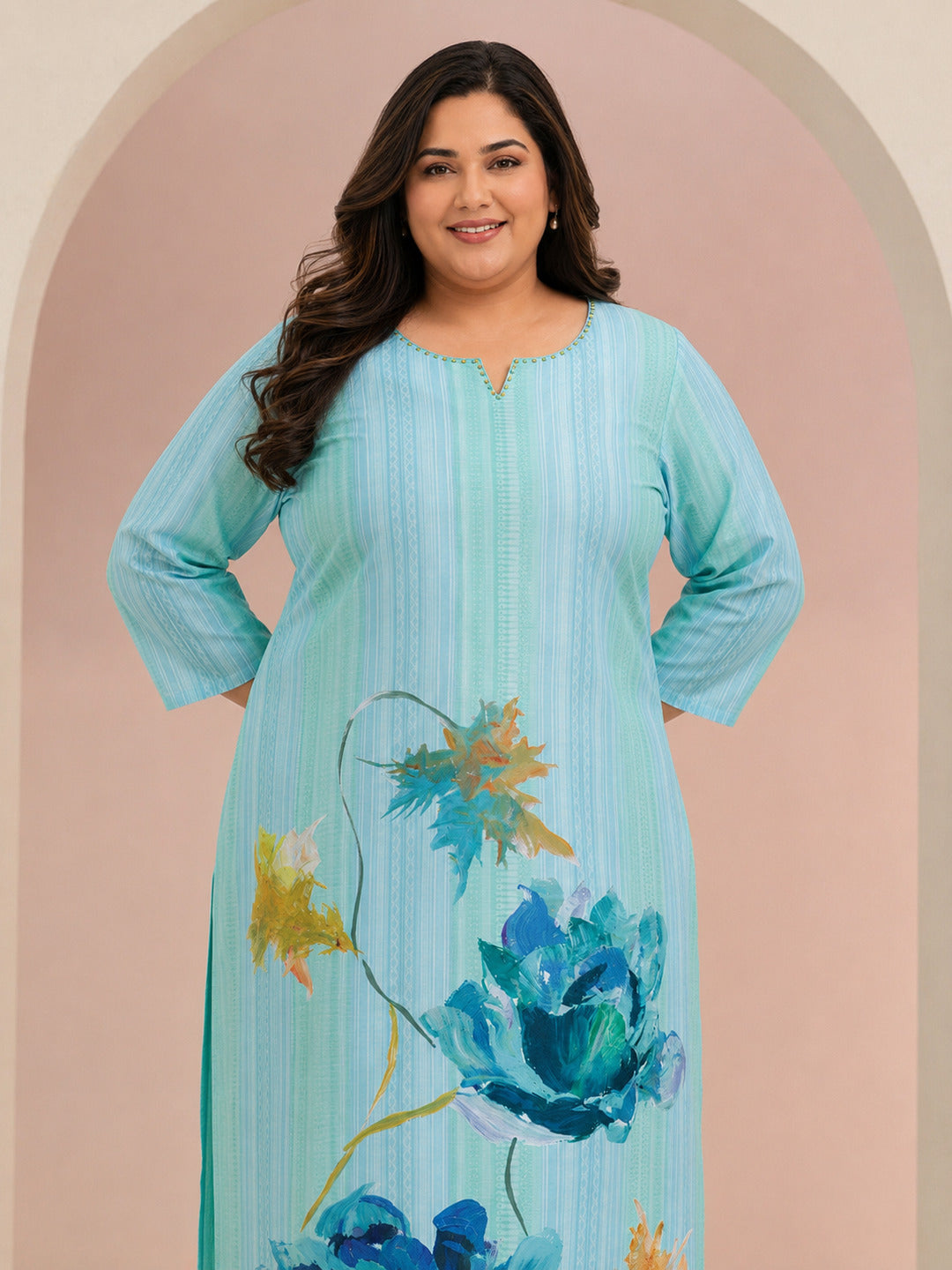 Plus Size Blue Floral Printed Cotton Blend Straight Suit Set