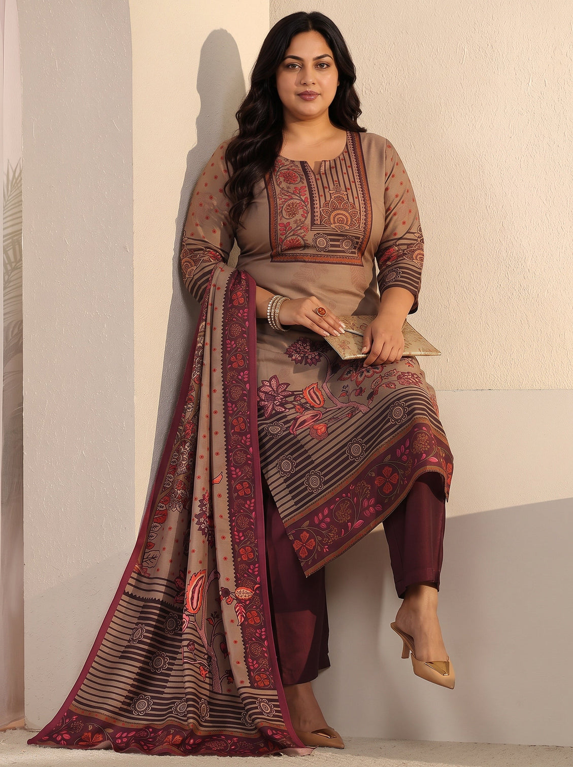 Plus Size Brown Floral Printed Muslin Straight Suit Set
