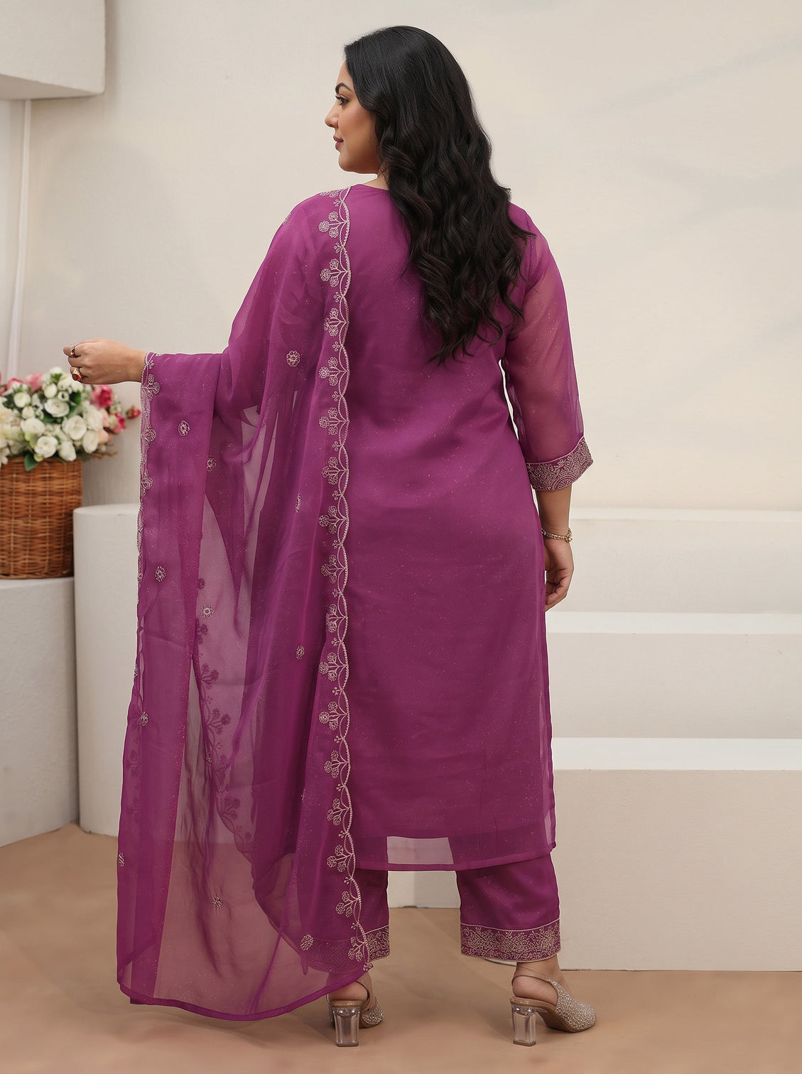 Plus Size Lavender Embroidered Chinon Straight Suit Set