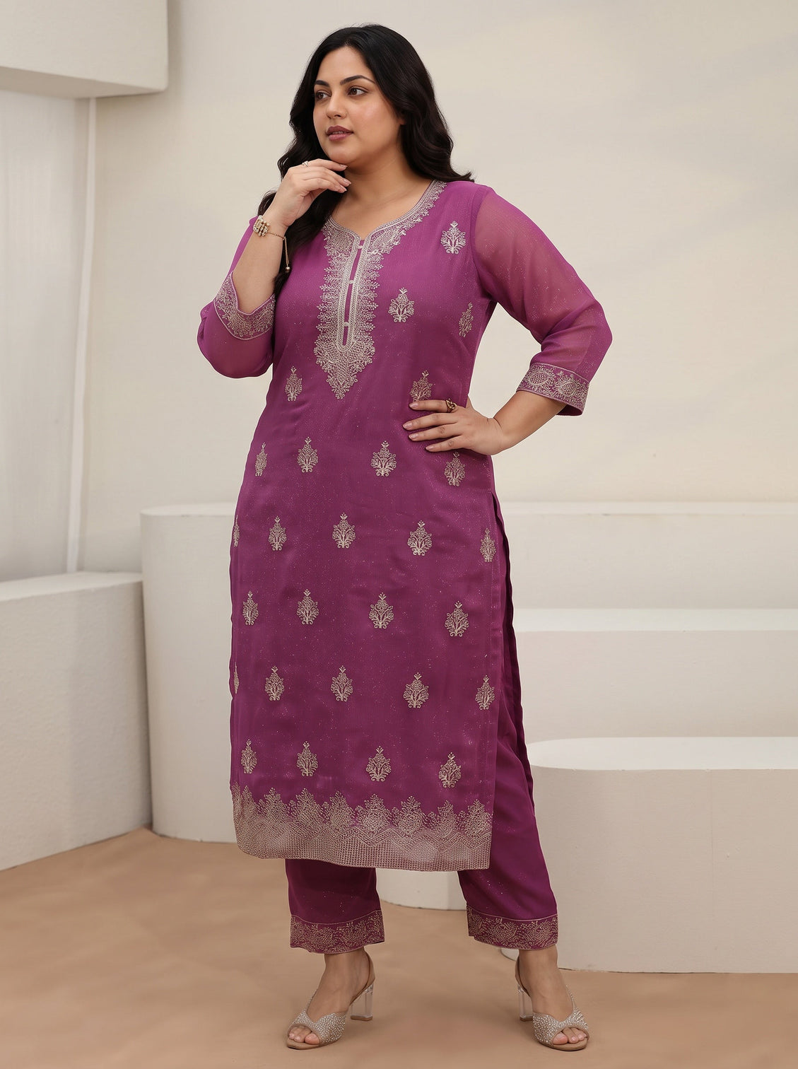 Plus Size Lavender Embroidered Chinon Straight Suit Set