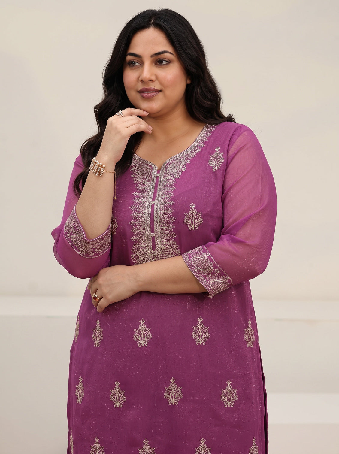 Plus Size Lavender Embroidered Chinon Straight Suit Set