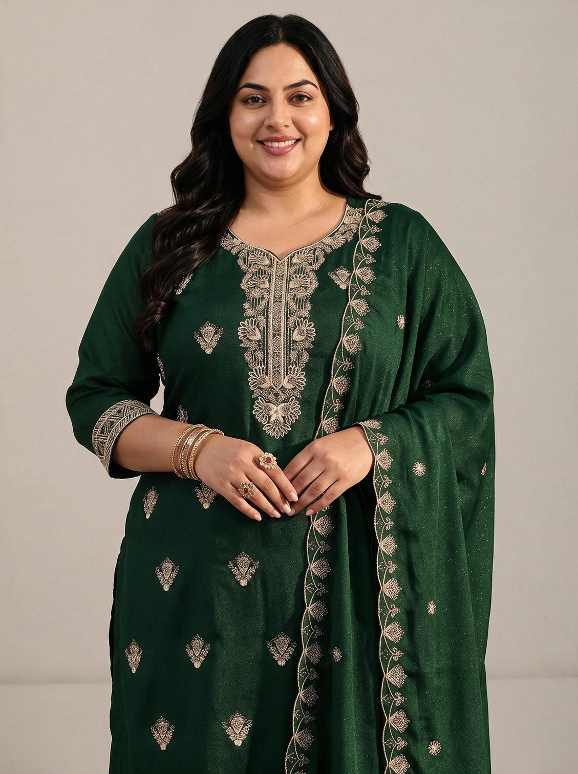 Plus Size Sacramento Green Embroidered Chinon Straight Suit Set