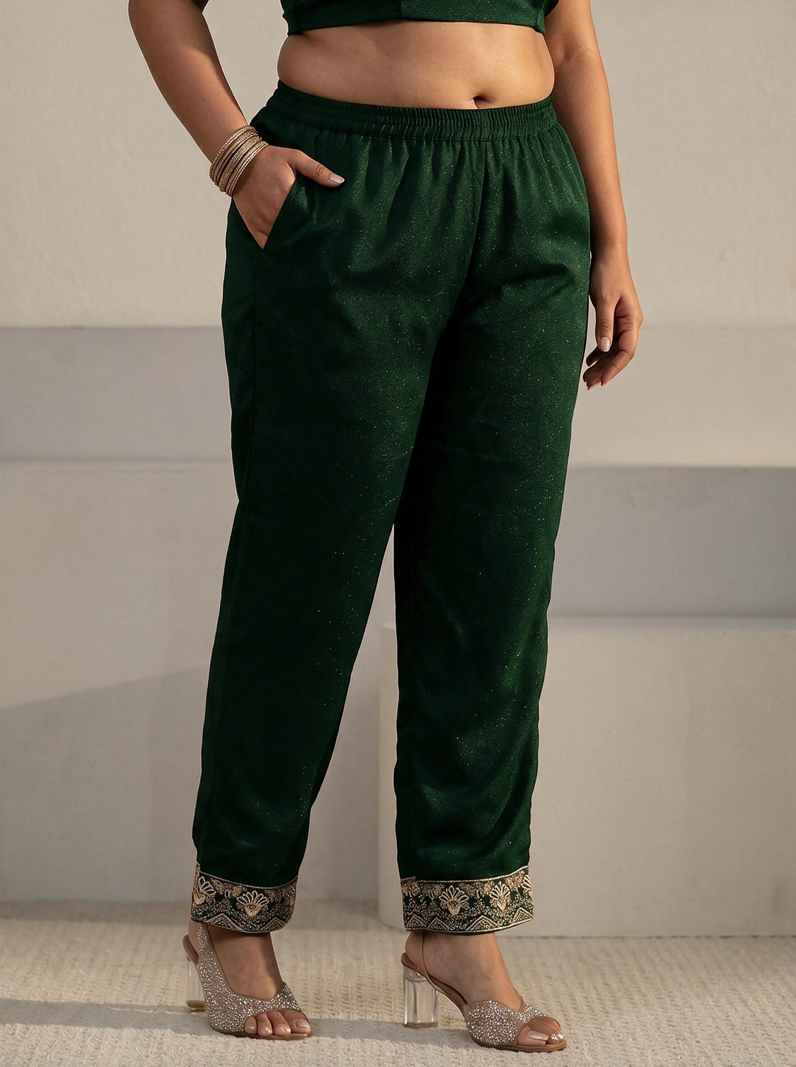 Plus Size Sacramento Green Embroidered Chinon Straight Suit Set