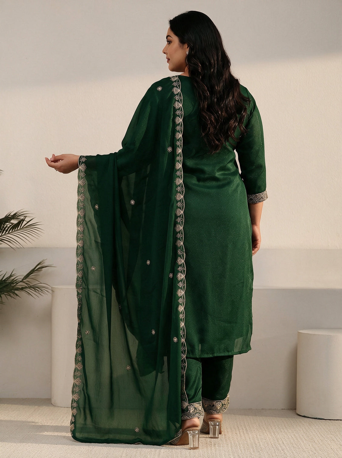 Plus Size Sacramento Green Embroidered Chinon Straight Suit Set