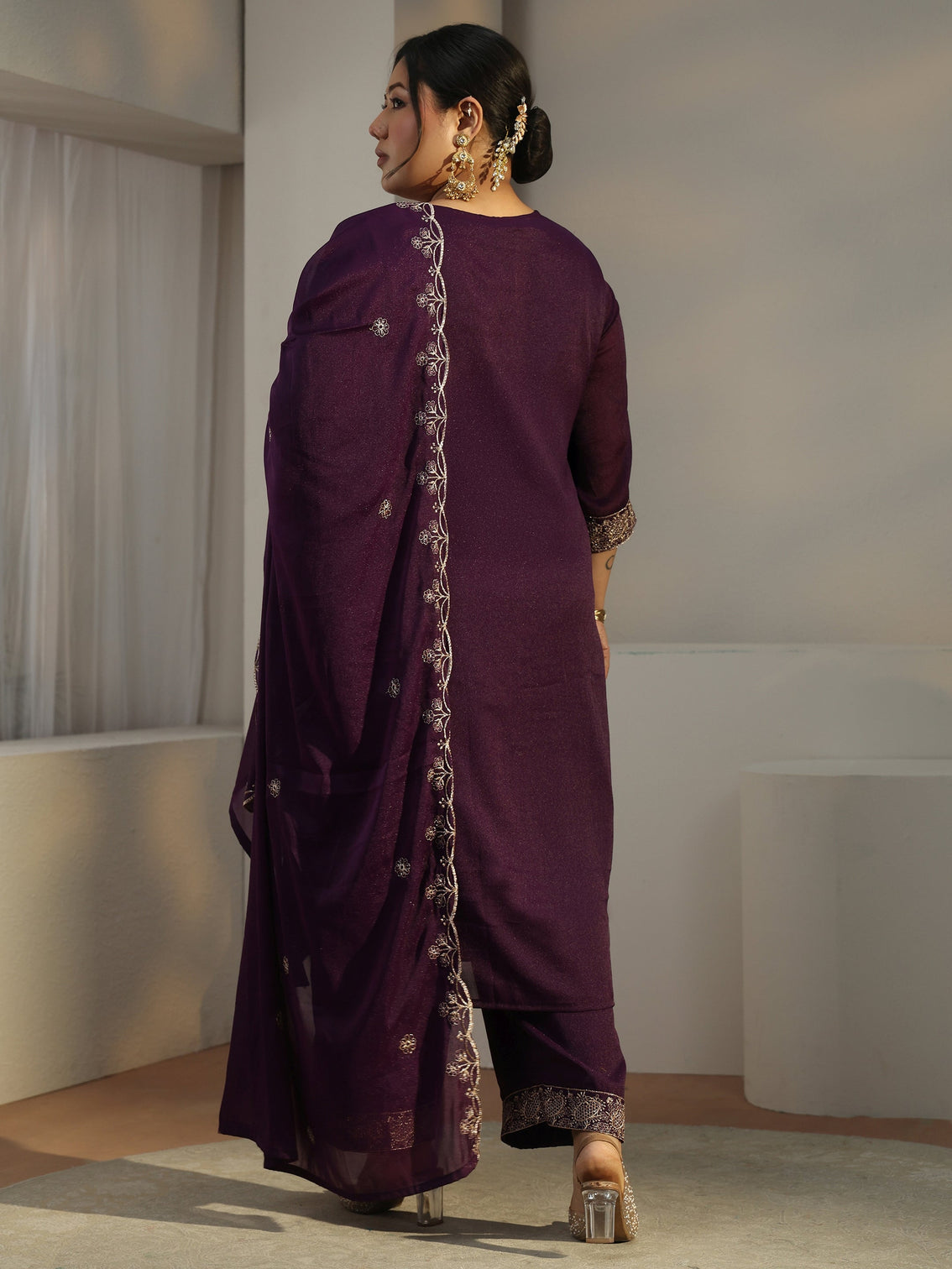 Plus Size Burgundy Embroidered Chinon Straight Suit Set