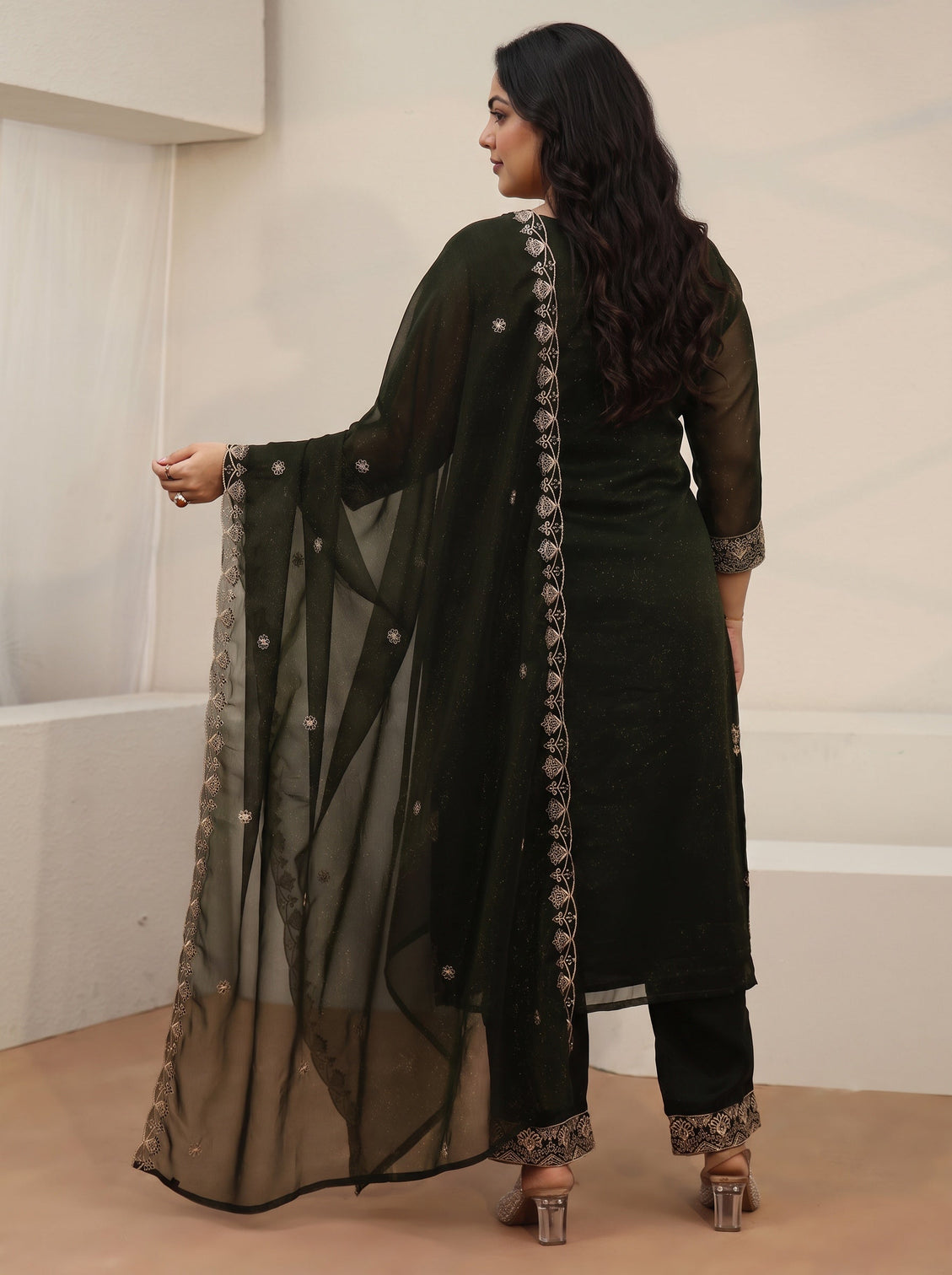 Plus Size Dark Green Embroidered Chinon Straight Suit Set