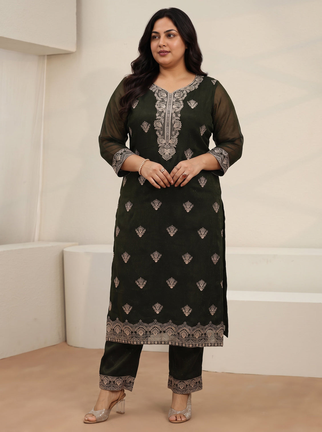 Plus Size Dark Green Embroidered Chinon Straight Suit Set