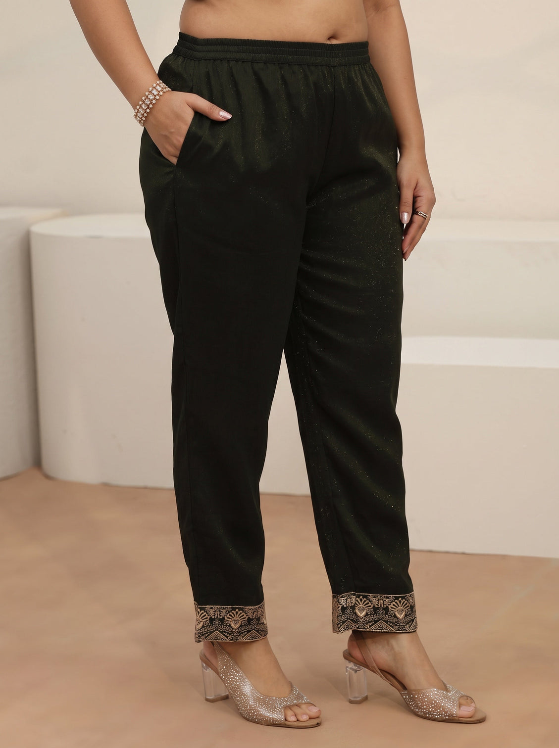 Plus Size Dark Green Embroidered Chinon Straight Suit Set