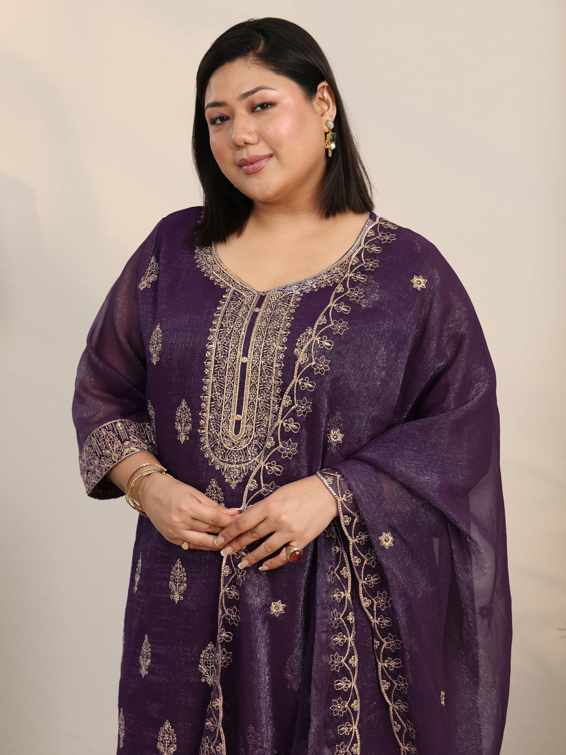 Plus Size Purple Floral Printed Chinon Straight Suit Set