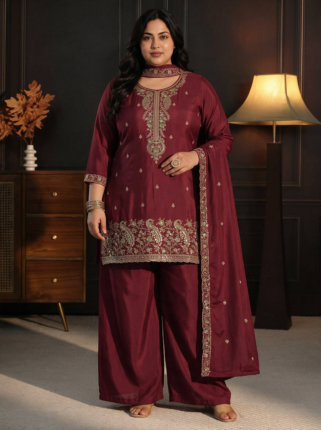 Plus Size Maroon Sequin Embellished Chinon Palazzo Suit Set