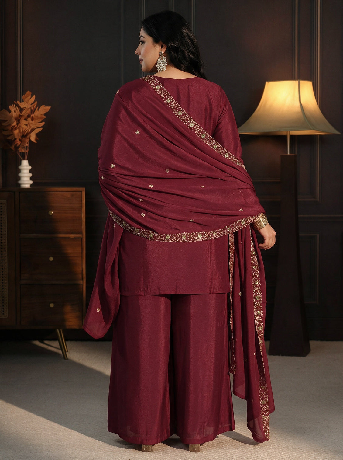 Plus Size Maroon Sequin Embellished Chinon Palazzo Suit Set