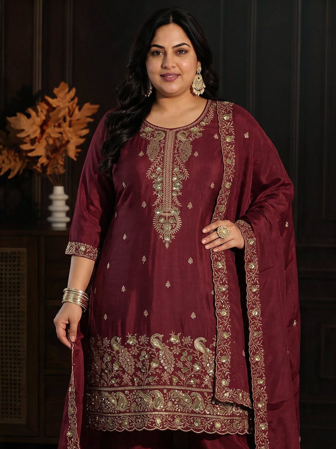 Plus Size Maroon Sequin Embellished Chinon Palazzo Suit Set