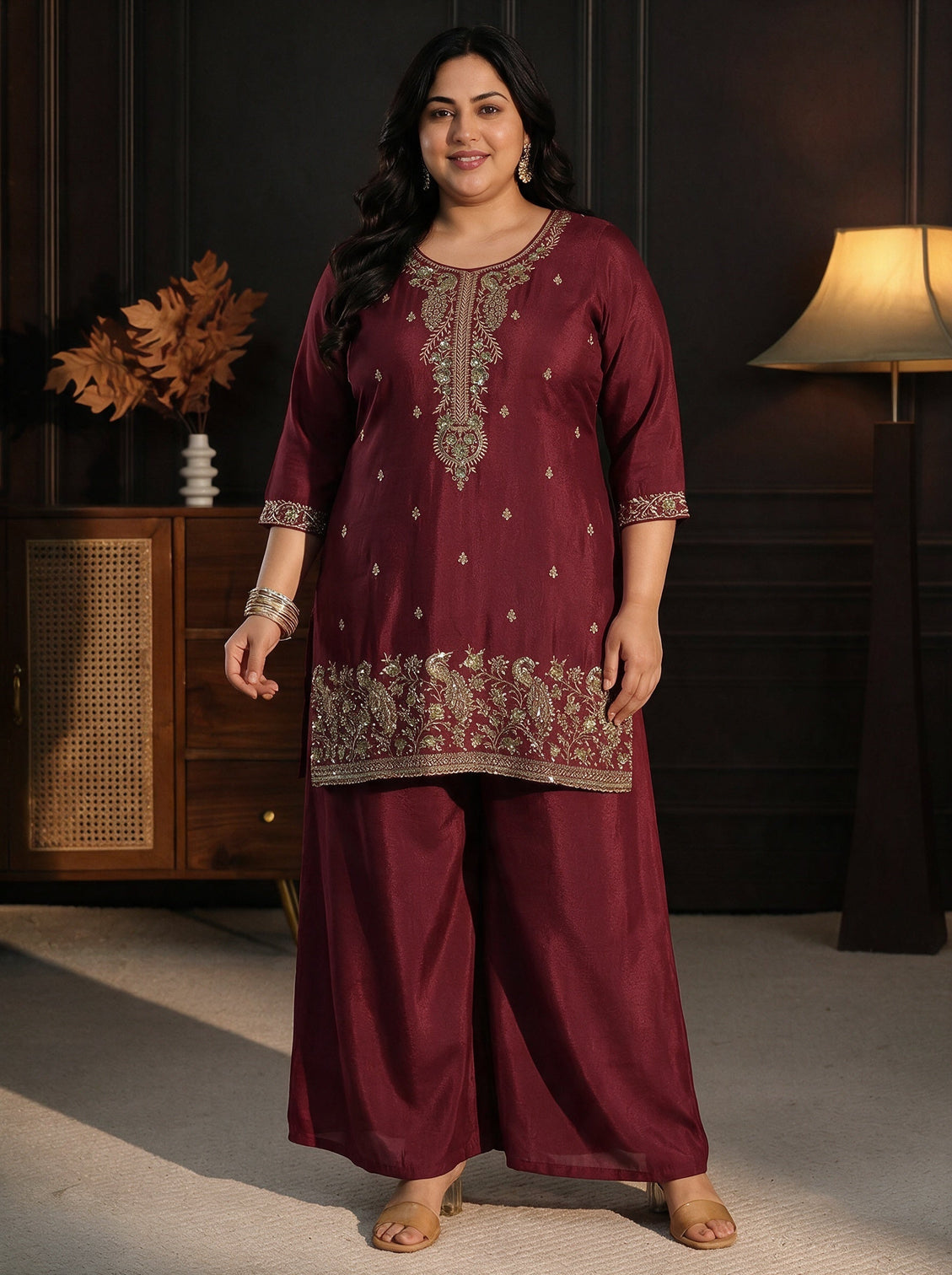 Plus Size Maroon Sequin Embellished Chinon Palazzo Suit Set