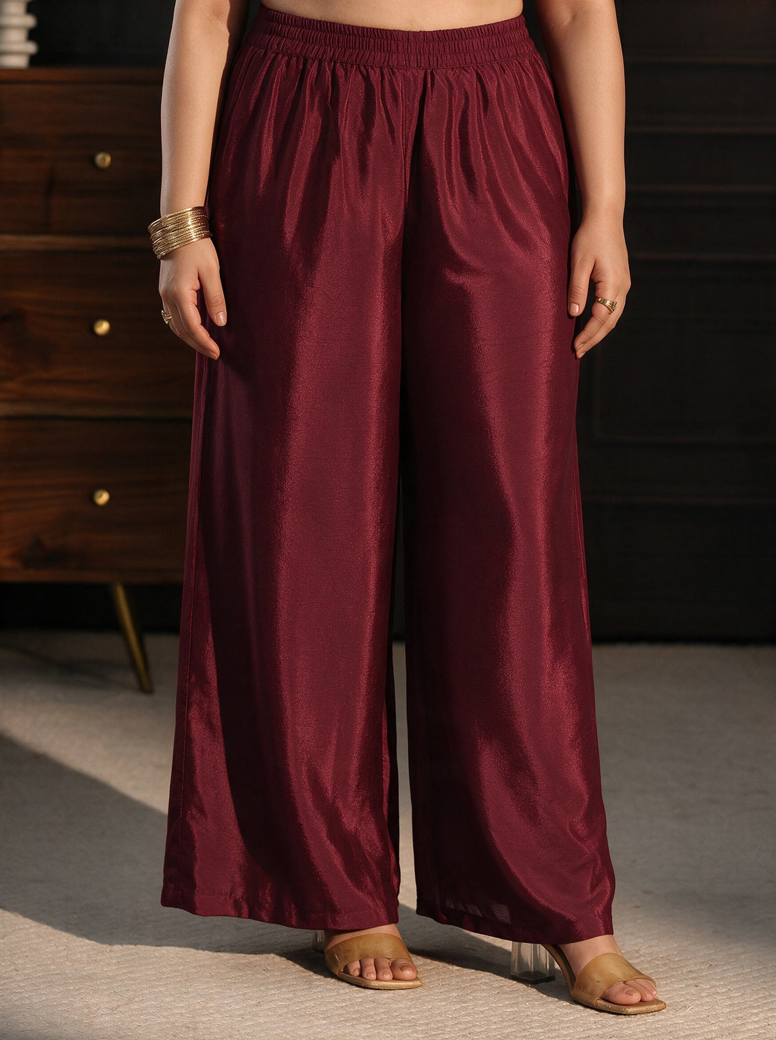 Plus Size Maroon Sequin Embellished Chinon Palazzo Suit Set