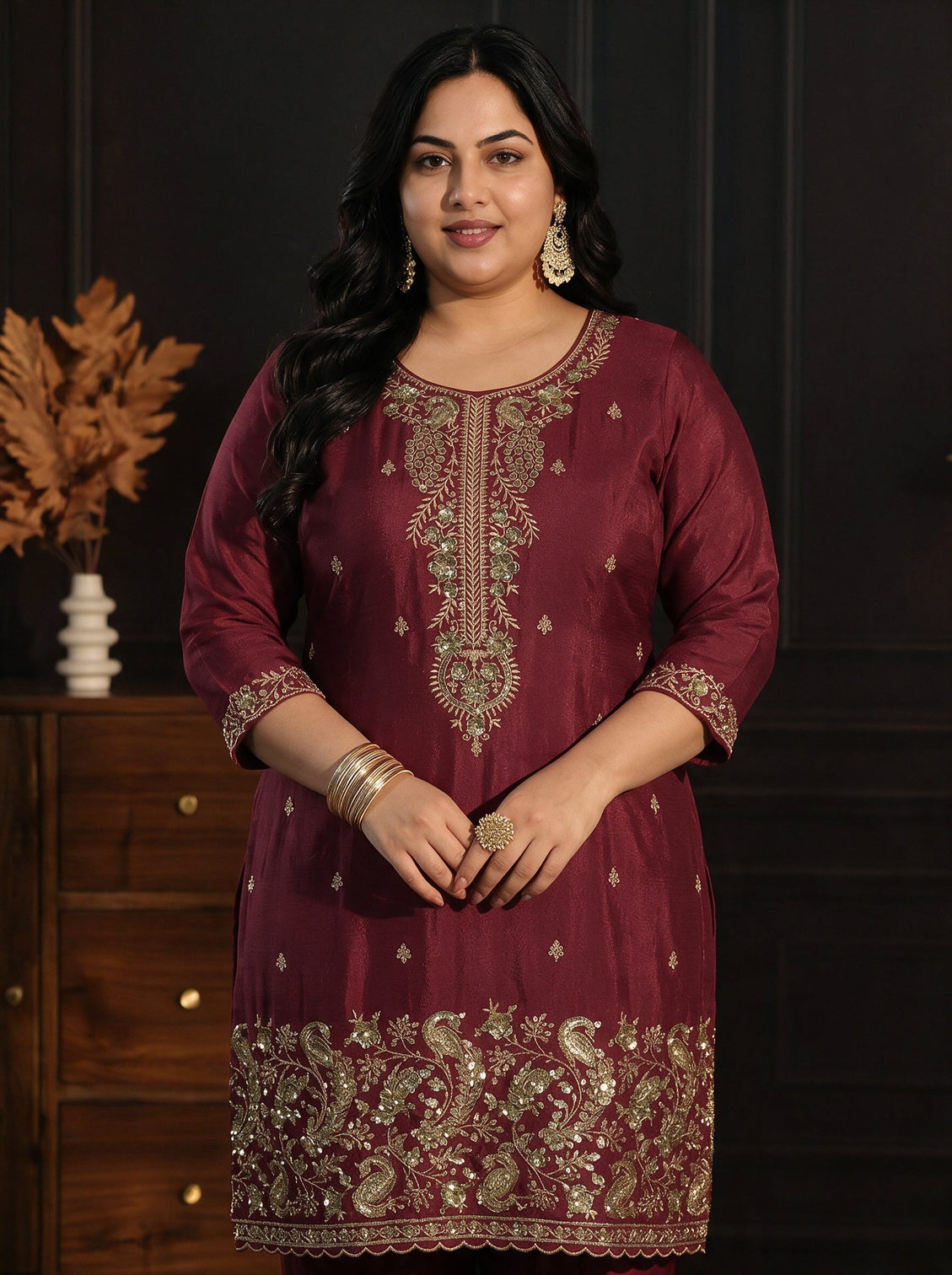 Plus Size Maroon Sequin Embellished Chinon Palazzo Suit Set