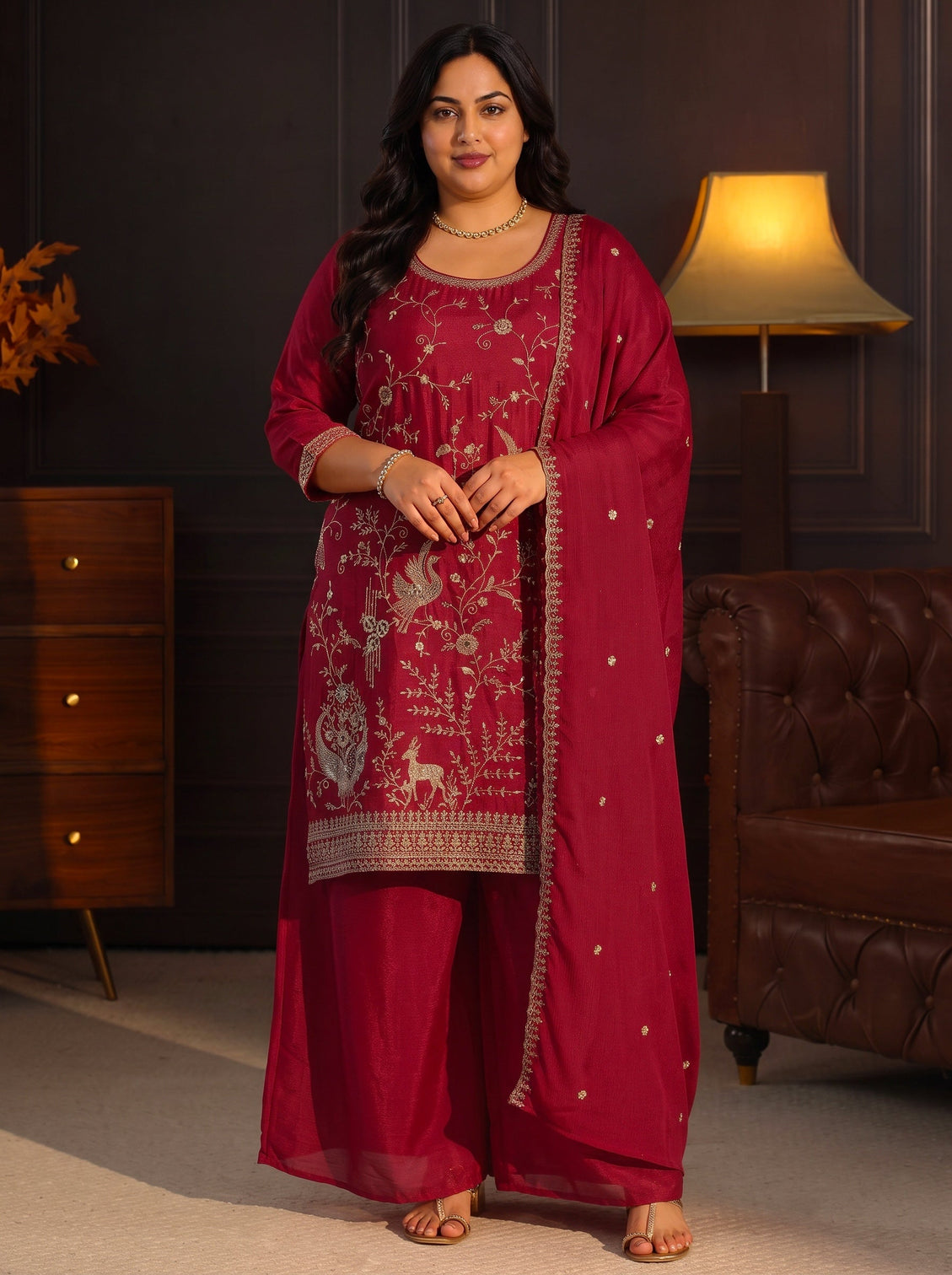Plus Size Ruby Red Floral Embroidered Chinon Palazzo Suit Set
