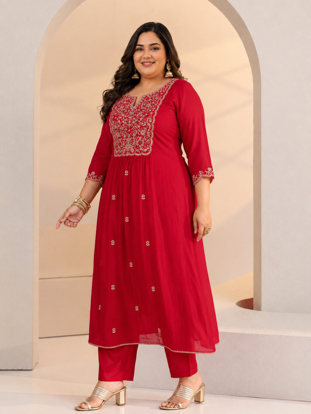 Plus Size Red Floral Embellished Chanderi Cotton A-Line Suit Set