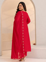 Plus Size Red Floral Embellished Chanderi Cotton A-Line Suit Set
