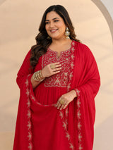 Plus Size Red Floral Embellished Chanderi Cotton A-Line Suit Set