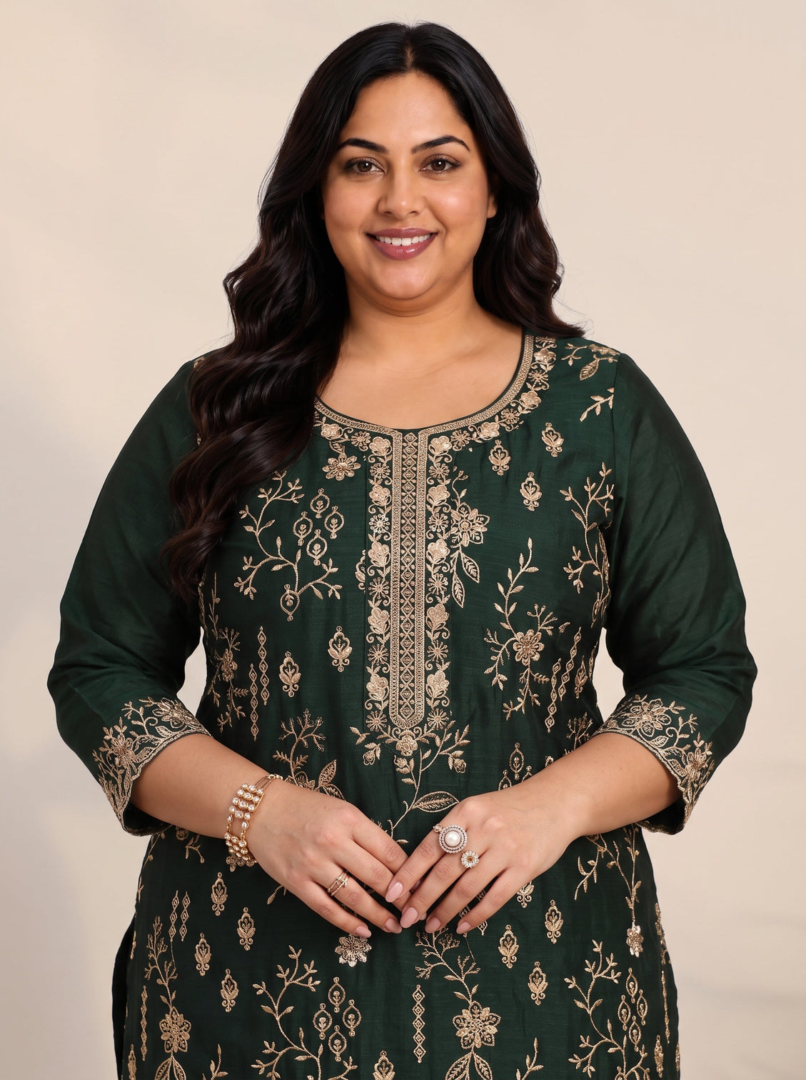 Plus Size Dark Green Floral Embroidered Silk Blend Straight Suit Set
