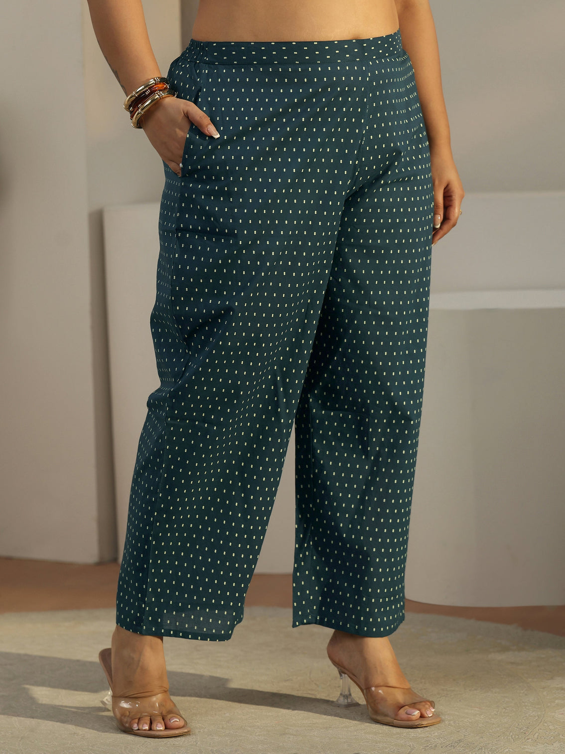 Plus Size Midnight Blue Printed Cotton A-line Suit Set