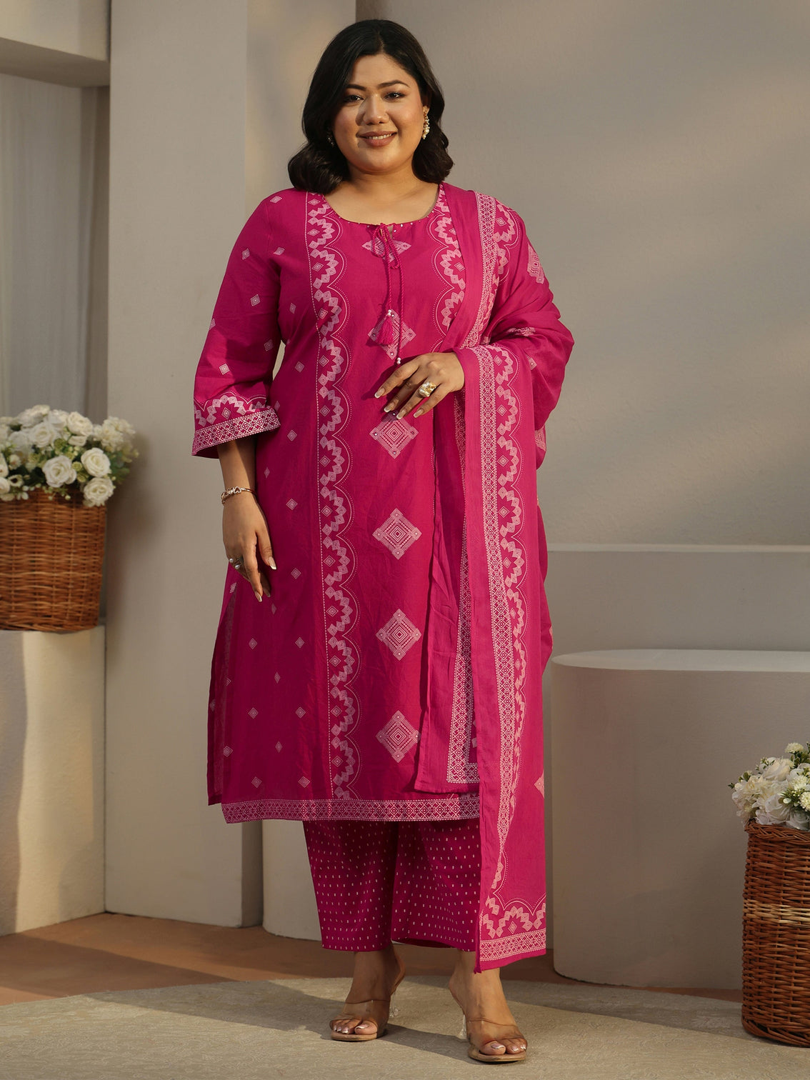 Plus Size Rose Pink Printed Cotton A-line Suit Set