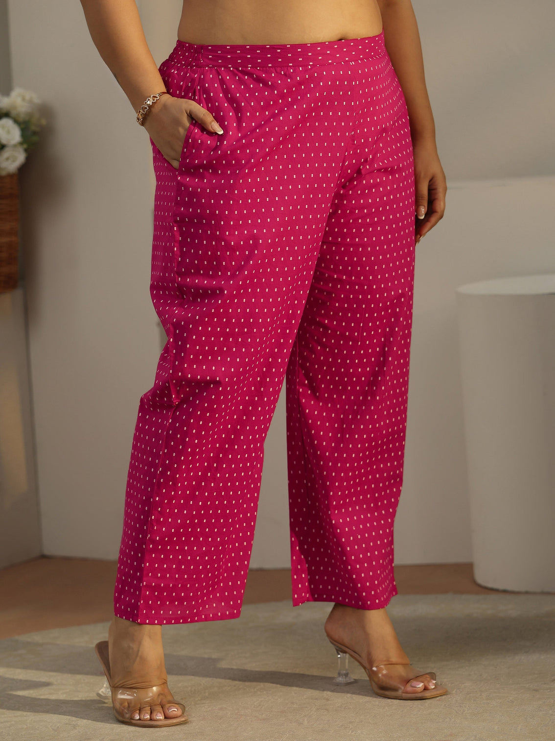 Plus Size Rose Pink Printed Cotton A-line Suit Set