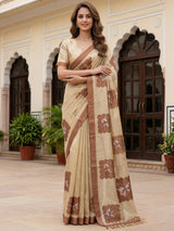 Amazing Beige Floral Printed Silk Daily Wear Saree With Blouse