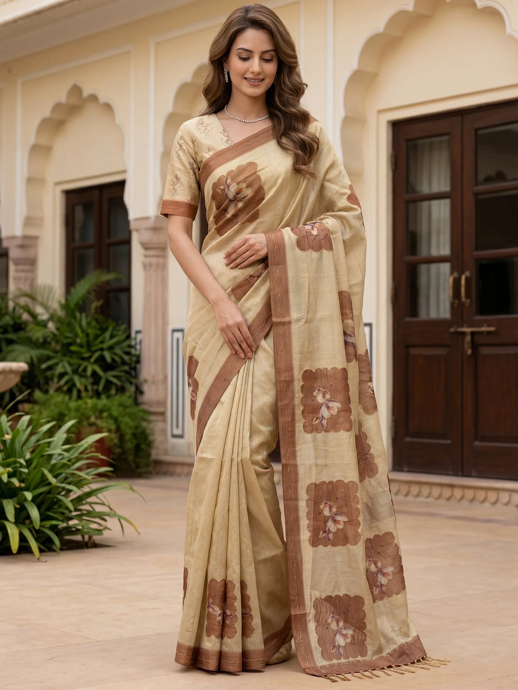 Amazing Beige Floral Printed Silk Daily Wear Saree With Blouse