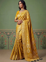 Wonderful Mustard Yellow Zari Work Silk Wedding Wear Saree With Blouse