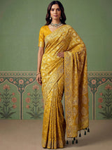 Wonderful Mustard Yellow Zari Work Silk Wedding Wear Saree With Blouse