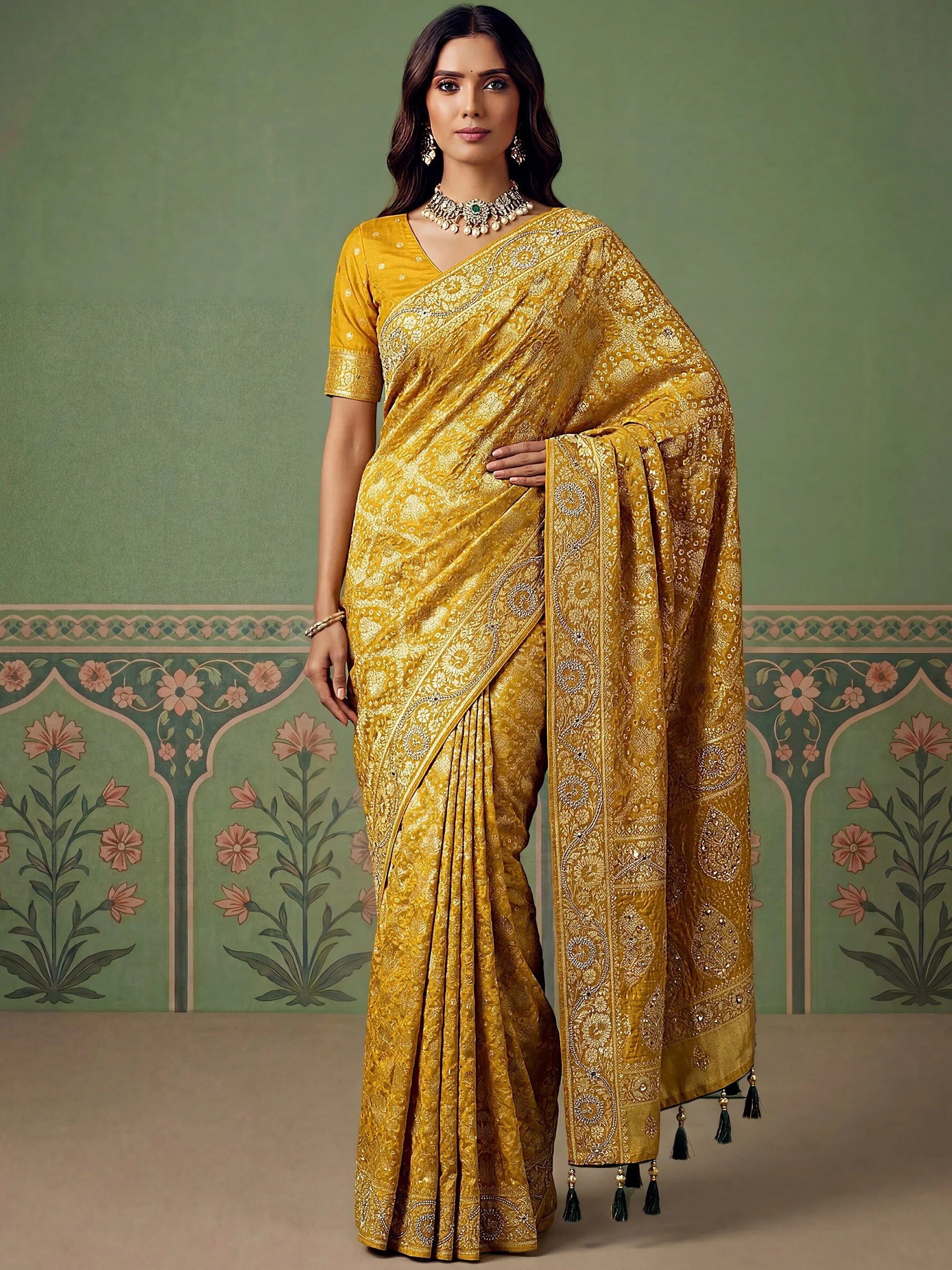 Wonderful Mustard Yellow Zari Work Silk Wedding Wear Saree With Blouse