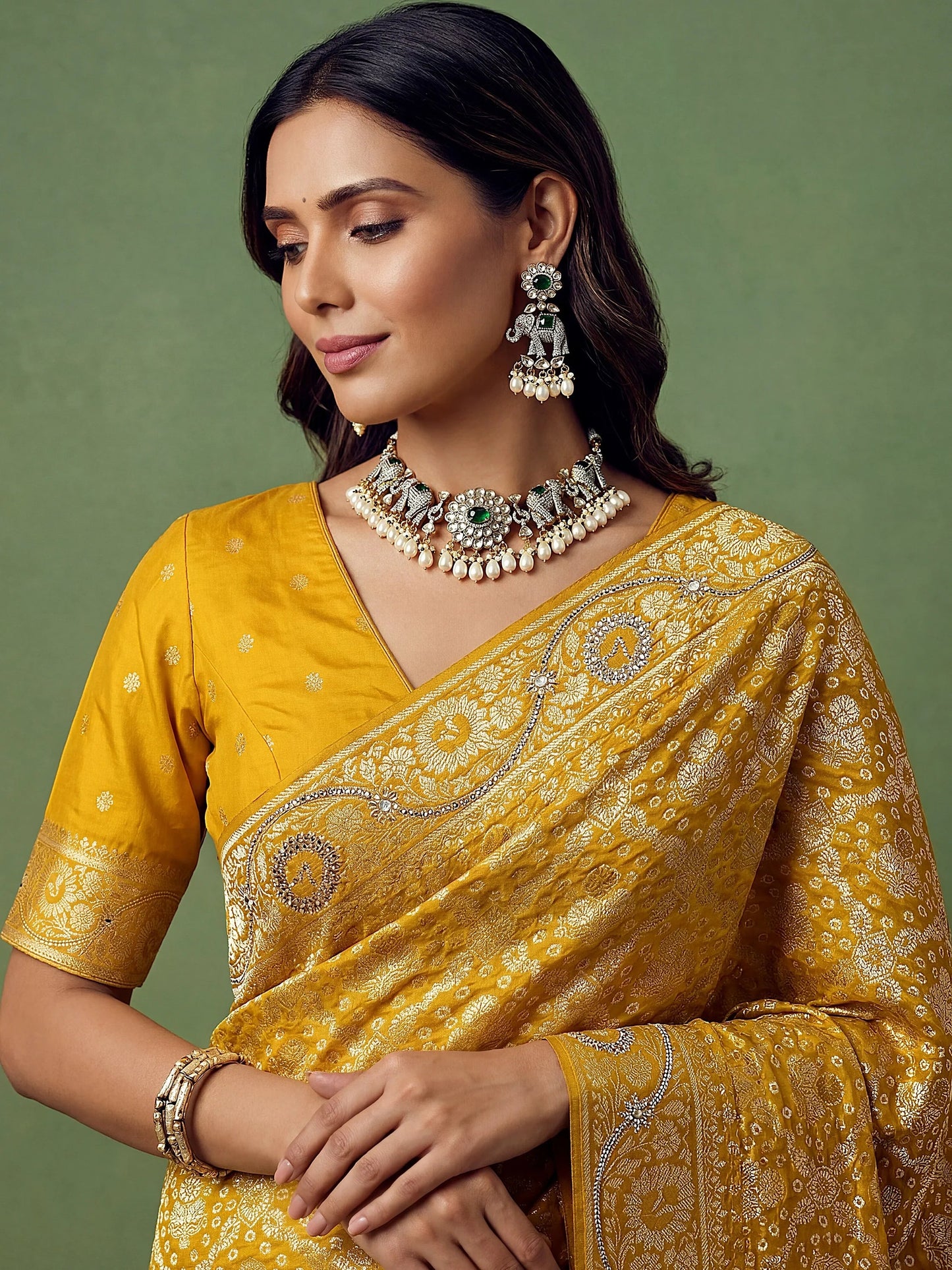 Wonderful Mustard Yellow Zari Work Silk Wedding Wear Saree With Blouse