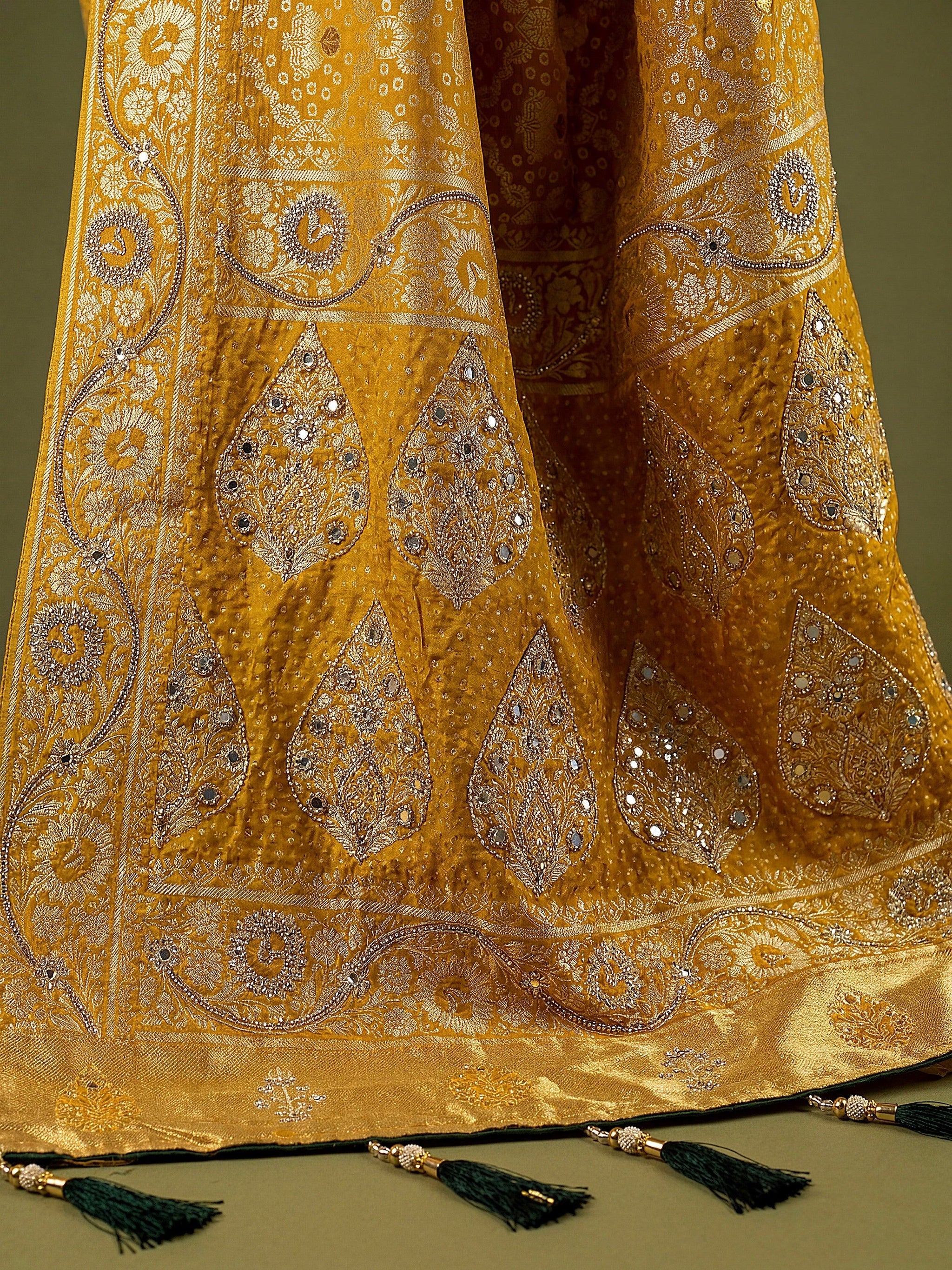 Wonderful Mustard Yellow Zari Work Silk Wedding Wear Saree With Blouse