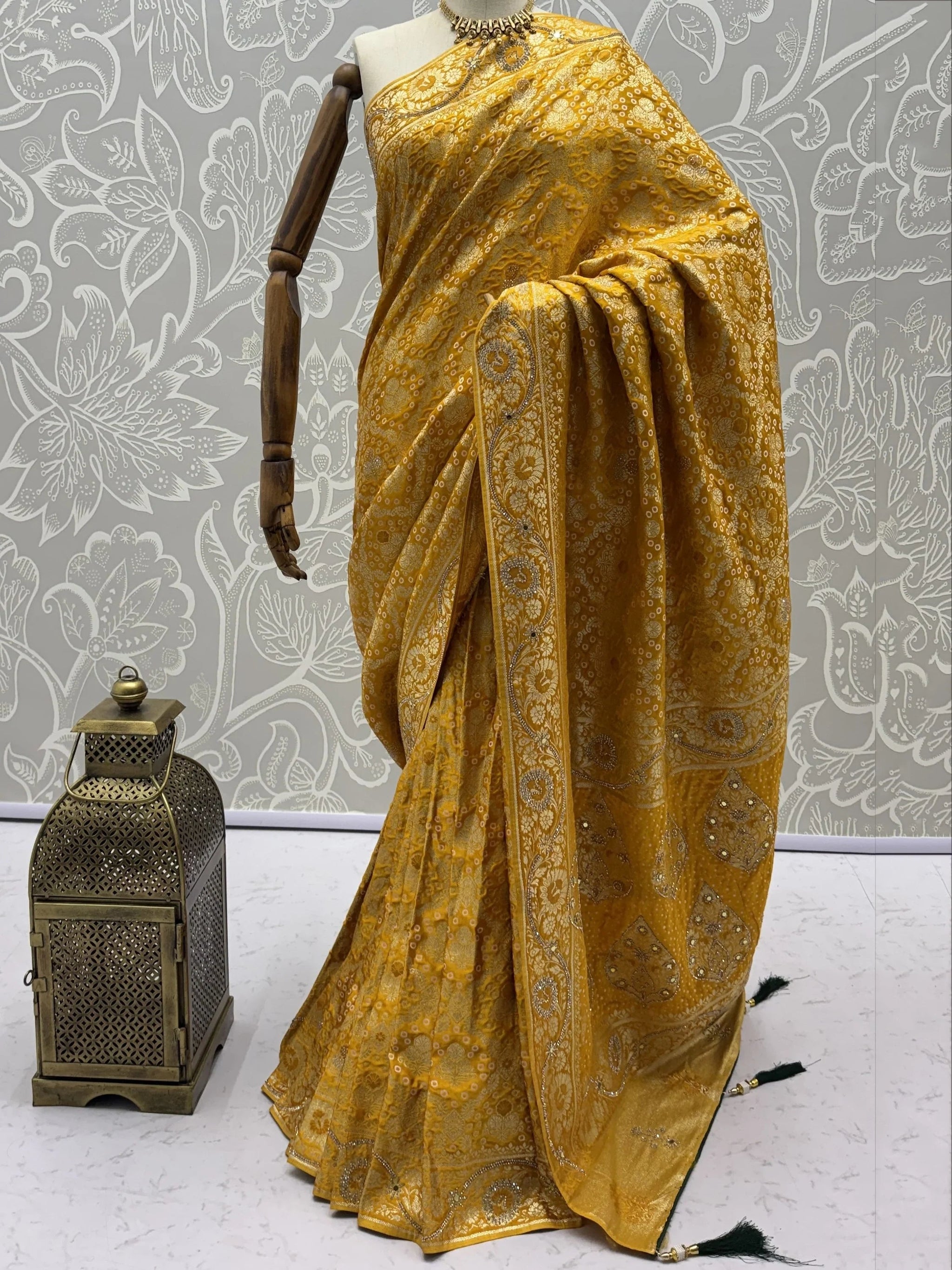 Wonderful Mustard Yellow Zari Work Silk Wedding Wear Saree With Blouse