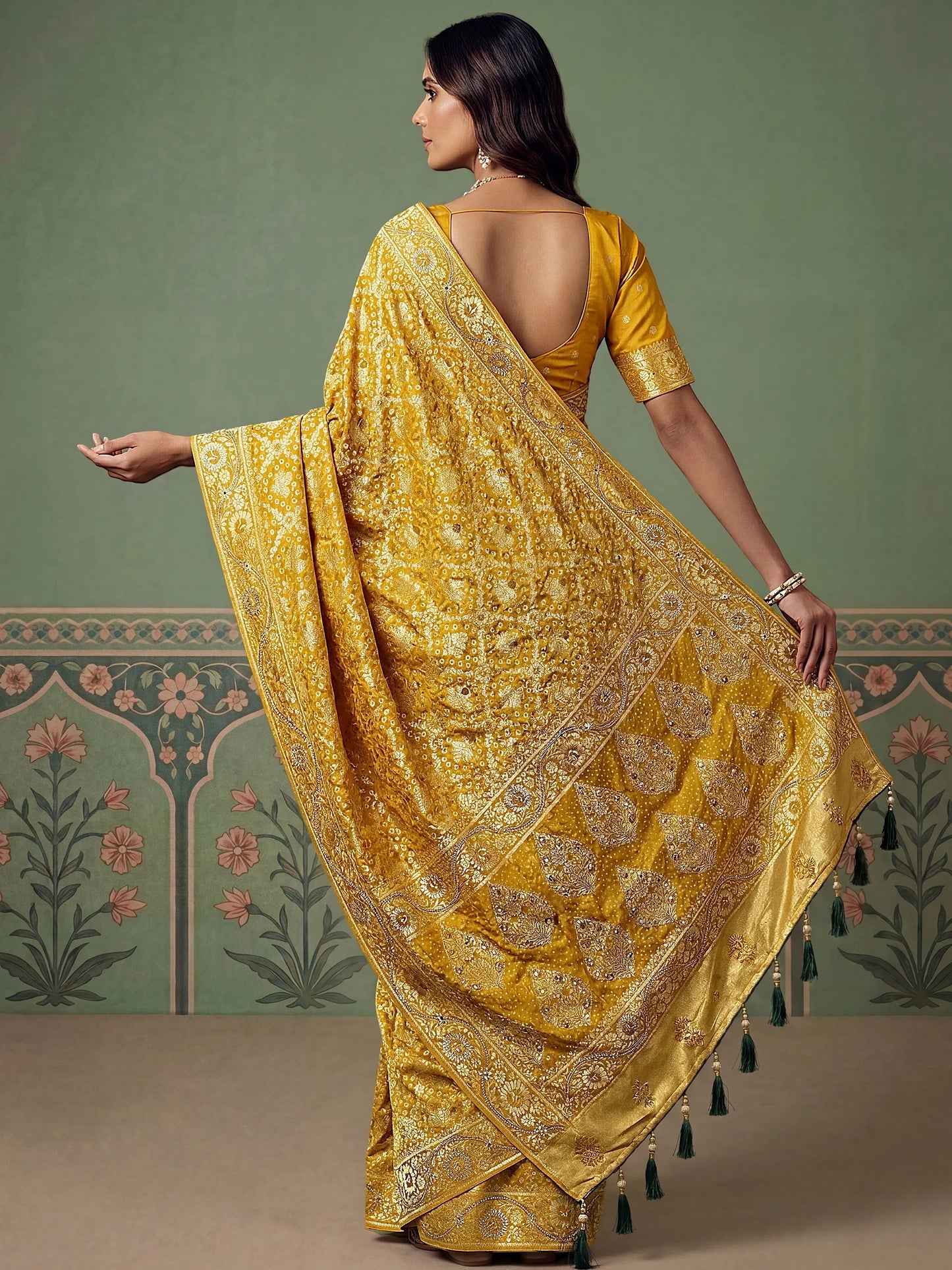 Wonderful Mustard Yellow Zari Work Silk Wedding Wear Saree With Blouse