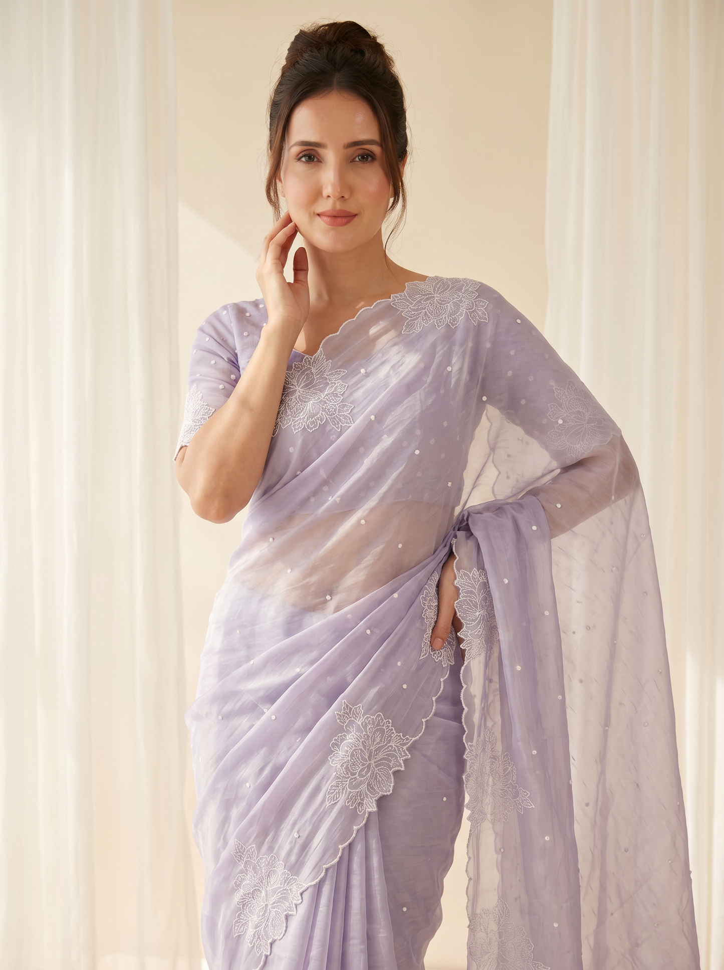 Lavender Pure Raspberry Crush Silk Saree with Lucknowi Embroidery