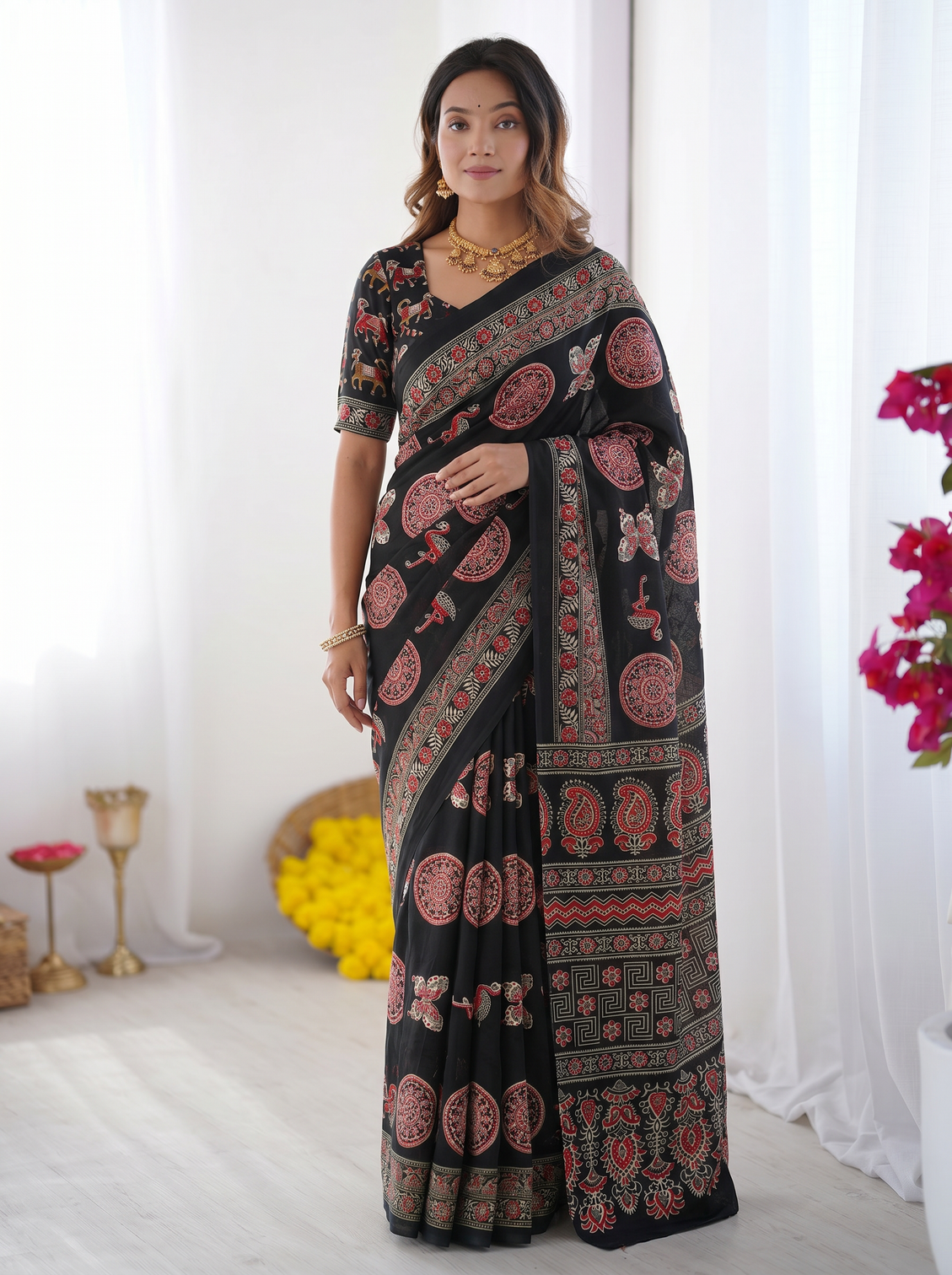Black modal silk saree with traditional ajrakh inspired circular motif print designer pallu festive ethnic wear saree mameraa
