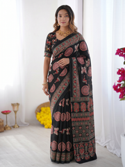 Black modal silk saree with traditional ajrakh inspired circular motif print designer pallu festive ethnic wear saree mameraa