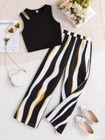image, Girls Black Ribbed Sleeveless Crop Top &amp; Striped Wide Leg Pants Set