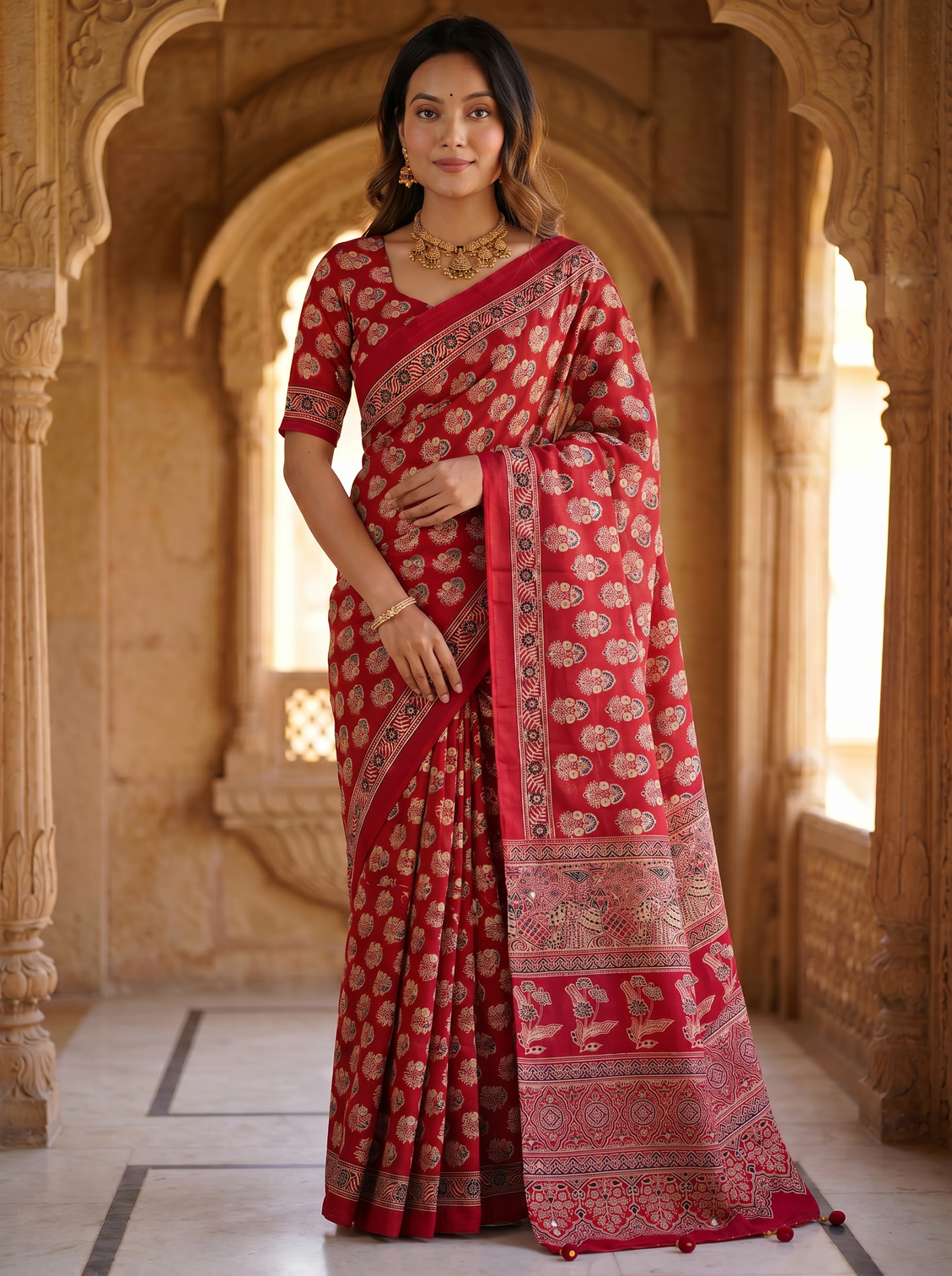 Royal crimson red pure modal silk saree with heritage floral buti print traditional designer pallu