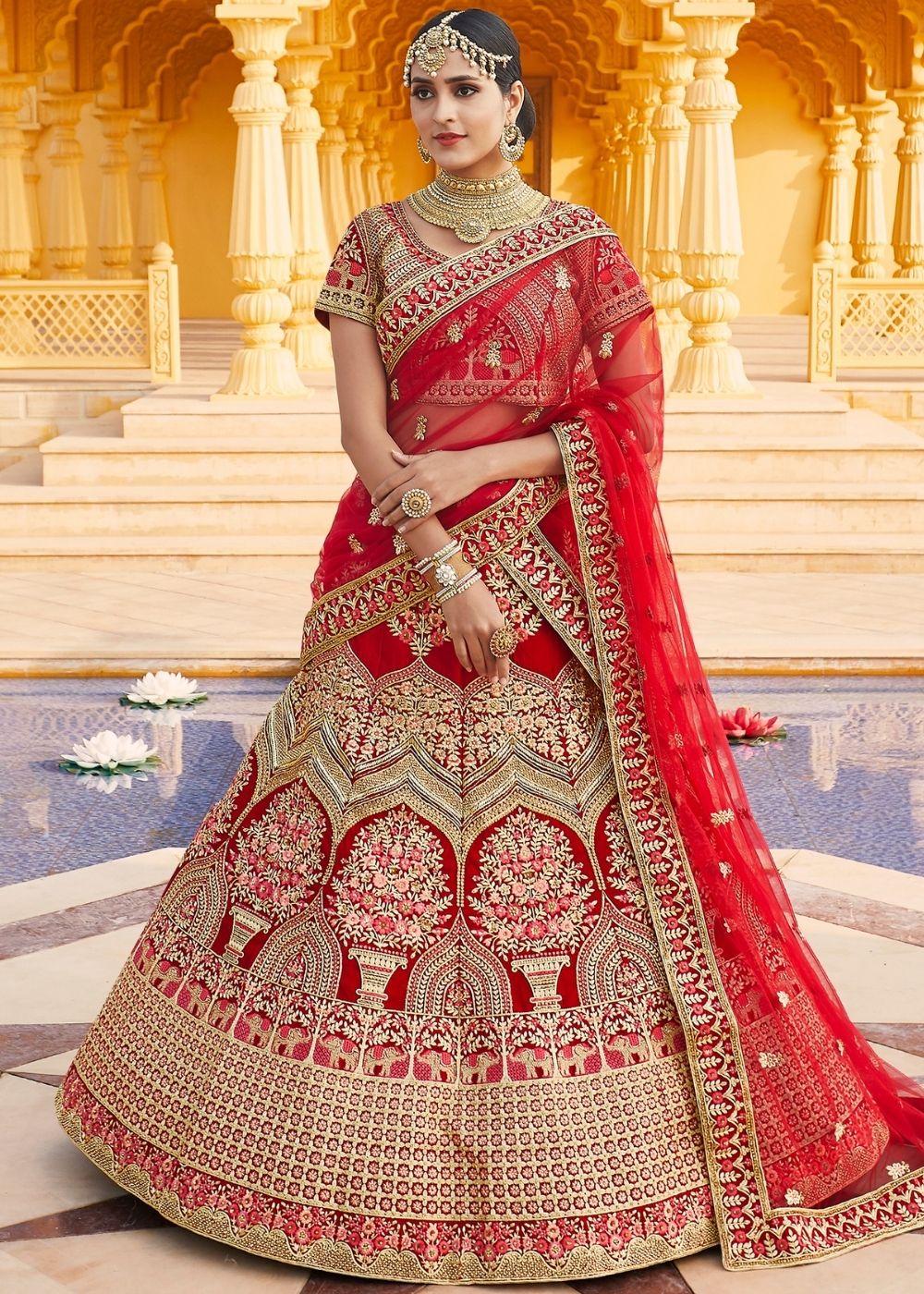 Crimson Red Velvet Bridal Lehenga Choli with Embroidery & Hand work
