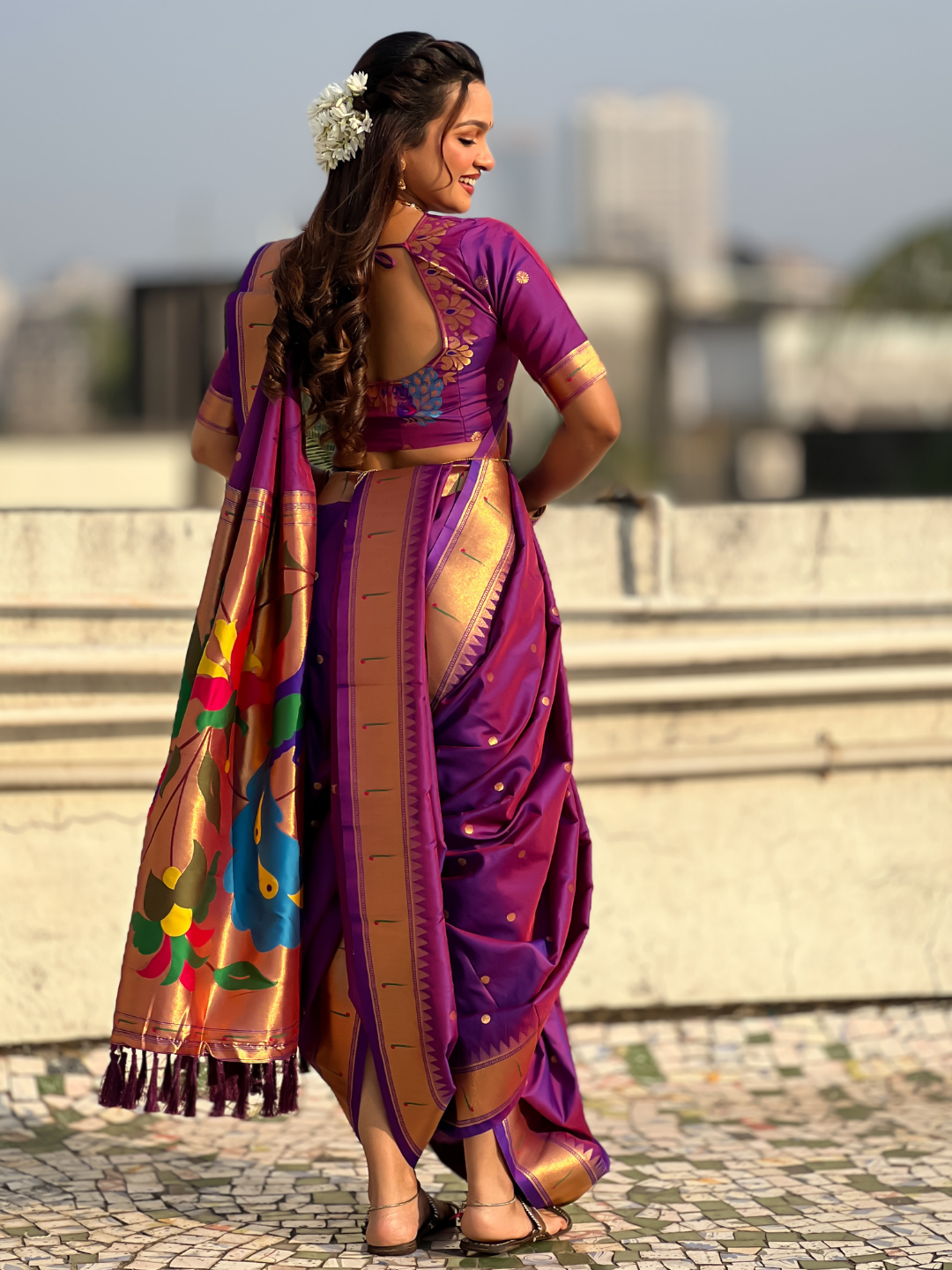 Special Nauvari Paithani Soft Silk Saree witPurple Weddingh Zari Woven Polka Motifs and Peacock Pallu