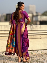 Special Nauvari Paithani Soft Silk Saree witPurple Weddingh Zari Woven Polka Motifs and Peacock Pallu