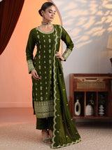 Libas Olive Embroidered Chinon Straight Suit Set With Dupatta