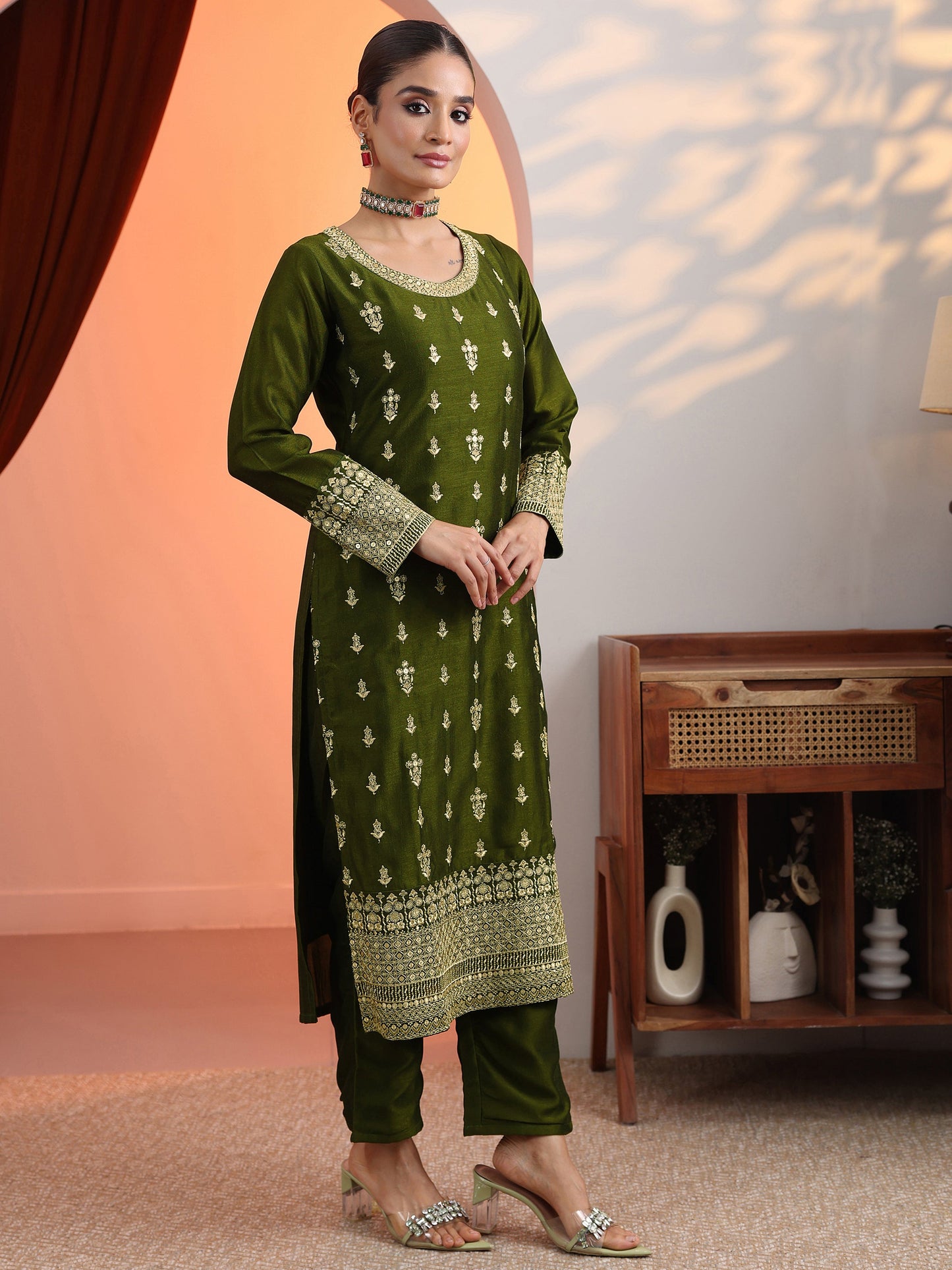 Libas Olive Embroidered Chinon Straight Suit Set With Dupatta