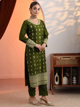 Libas Olive Embroidered Chinon Straight Suit Set With Dupatta