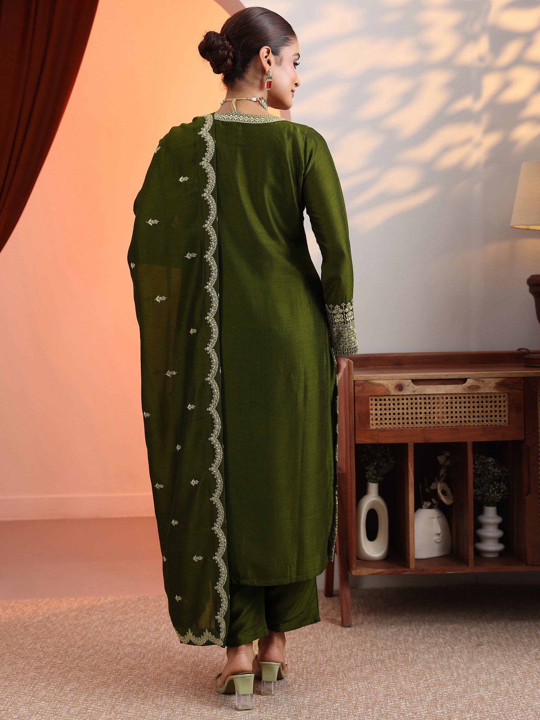 Libas Olive Embroidered Chinon Straight Suit Set With Dupatta